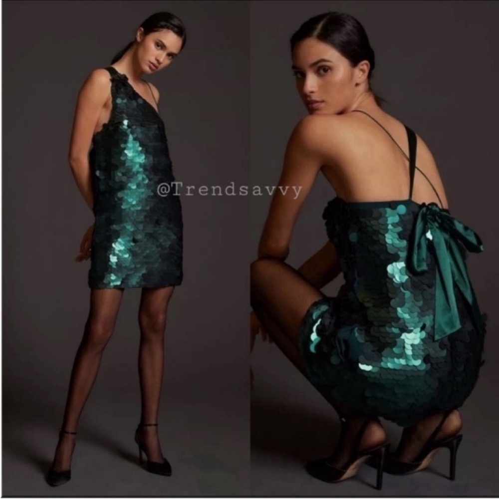 Anthropologie Green Sequin One Shoulder Mini Dress Party Holiday Size Medium NWT